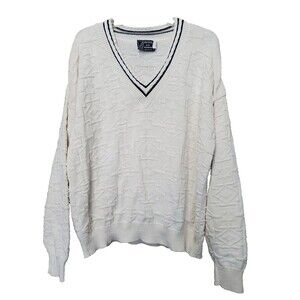Peconic Bay Traders Cotton Off-White V-Neck 3D-Knit Sweater Size XL Vintage